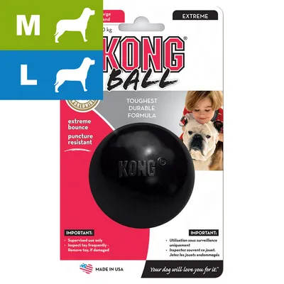 KONG Ball Extreme -koiranlelu pakkauksessa, tekstit: toughest durable formula, extreme bounce, puncture resistant, koot M ja L, musta pallo, Made in USA, valkoinen bulldoggi