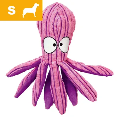 Plush octopus toy in pink and purple with large eyes, shown with a yellow label indicating size S and a silhouette of a dog.