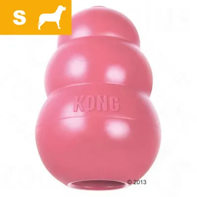 KONG-lelu, koko S, vaaleanpunainen. Koiran siluetti ja kirjain S keltaisella taustalla vasemmassa yläkulmassa. KONG-lelu, koko S, vaaleanpunainen. Koiran siluetti ja kirjain S keltaisella taustalla vasemmassa yläkulmassa.