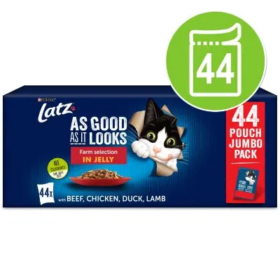 Latz As Good As It Looks Farm selection in jelly, 44 portionspåsar med nötkött, kyckling, anka, lamm. Stor grön ikon med siffran 44. Text: 44 pouch jumbo pack.