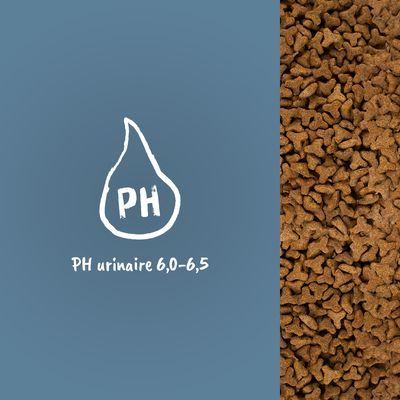 PH urinaire 6,0–6,5 indiqué sur l’image avec croquettes visibles à droite. Texte en français belge.