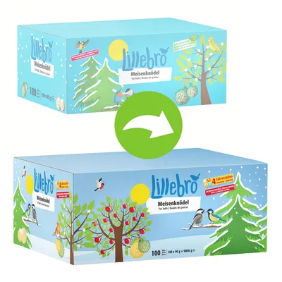 Image showing a packaging design change for Lillebro Meisenknödel fat balls, with an arrow indicating the transition from the old to the new box.