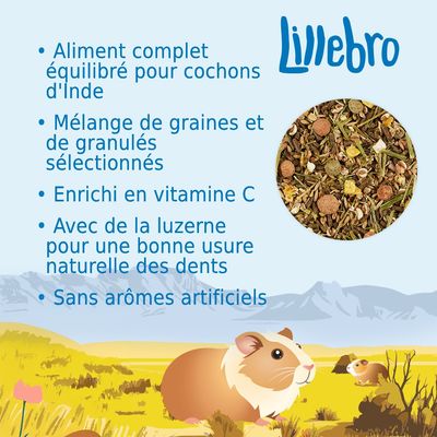 Lillebro. Aliment complet équilibré pour cochons d'Inde, mélange de graines et granulés sélectionnés, enrichi en vitamine C, avec luzerne, sans arômes artificiels.