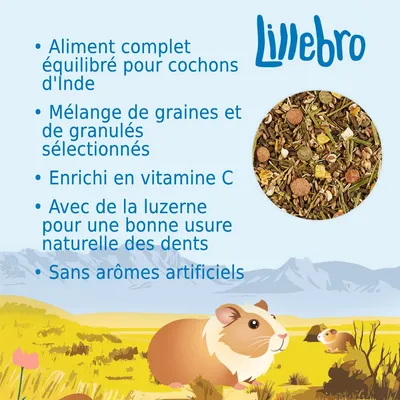 Lillebro. Aliment complet équilibré pour cochons d'Inde, mélange de graines et granulés sélectionnés, enrichi en vitamine C, avec luzerne, sans arômes artificiels.