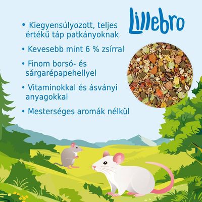 Lillebro. Kiegyensúlyozott, teljes értékű táp patkányoknak, kevesebb mint 6% zsírral, borsó- és sárgarépapelyhellyel, vitaminokkal, ásványi anyagokkal, mesterséges aromák nélkül.