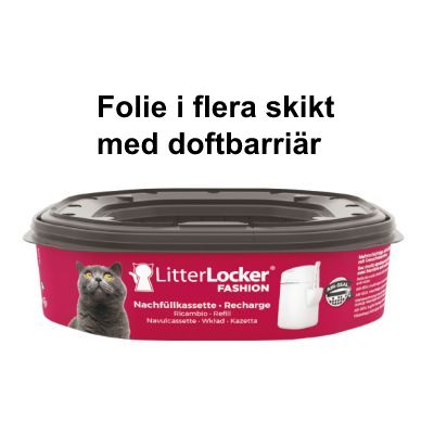 LitterLocker Fashion refillkassett med texten 'Folie i flera skikt med doftbarriär' och bild på en katt samt illustration av produkten på förpackningen.