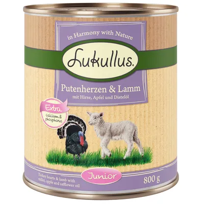 Lucullus Putenherzen & Lamm Junior, s prosem, jablkem a ostropestřcovým olejem. Extra vápník a fosfor. 800 g konzerva.