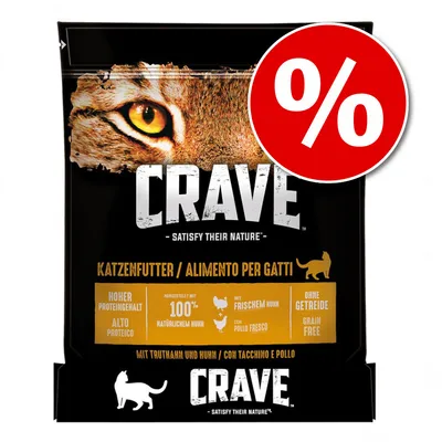 CRAVE Satisfy Their Nature, aliment pour chats, teneur élevée en protéines, fabriqué avec 100 % poulet naturel, avec dinde et poulet, sans céréales. Symbole de réduction visible.