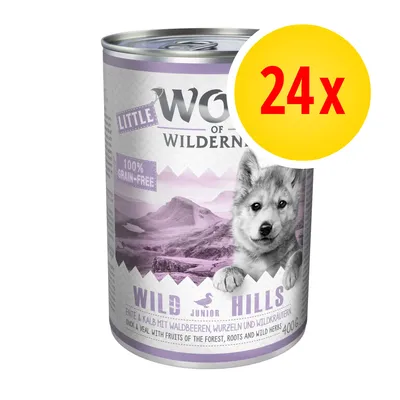 Lot de 24 boîtes Little Wolf of Wilderness Wild Hills Junior, 400 g, 100 % grain-free. Texte en anglais : duck & veal with fruits of the forest, roots and wild herbs.