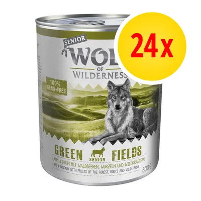 Wolf of Wilderness Senior Green Fields, 100 % grain-free, agneau et poulet, fruits des bois, racines et herbes sauvages, lot de 24 boîtes de 800 g