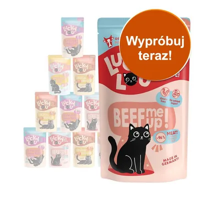 Opakowanie Lucky Lou BEEF me up! z widocznym napisem: Wypróbuj teraz!, Grain free, No added sugar!, >96% meat, Made in Germany. Grafika czarnego kota na froncie.