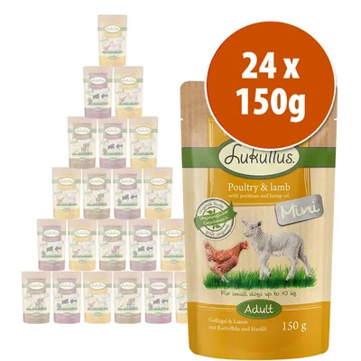 Lukullus Mini Adult, frango e cordeiro com batata e óleo de cânhamo, embalagem de 24 saquetas de 150 g cada. Texto em inglês e alemão visível na embalagem.