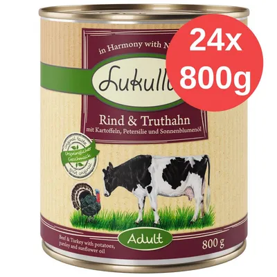Lukullus Rind & Truthahn Adult, 24 x 800 g. Na etykiecie widoczne: krowa, indyk, ziemniaki, pietruszka, olej słonecznikowy. Okrągły znak „Ursprünglicher Geschmack”.
