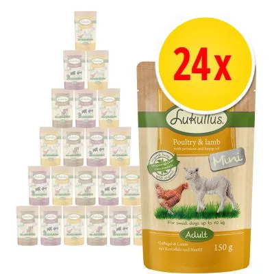24-pack Lukullus Mini Adult, Poultry & lamb, 150 g. För små hundar upp till 10 kg. Synlig text: 'Poultry & lamb with potatoes and hemp oil', 'Mini', 'Adult'.