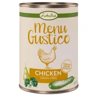 Boîte Lukullus Menu Gustico, CHICKEN GRAIN-FREE, 400 g, mention Human Grade Quality, illustrations de poulet, poire, brocoli et courgette visibles sur l’étiquette.