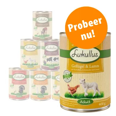 Lukullus Adult natvoer blik, varianten zichtbaar: Geflügel & Lamm, Lam & Wild, Rund & Kalkoen. Oranje cirkel met tekst: Probeer nu!
