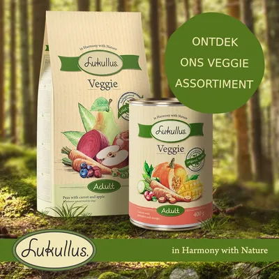 Lukullus Veggie Adult droog- en natvoer, verpakking met groentenillustraties. Tekst: ONTDEK ONS VEGGIE ASSORTIMENT. In Harmony with Nature.