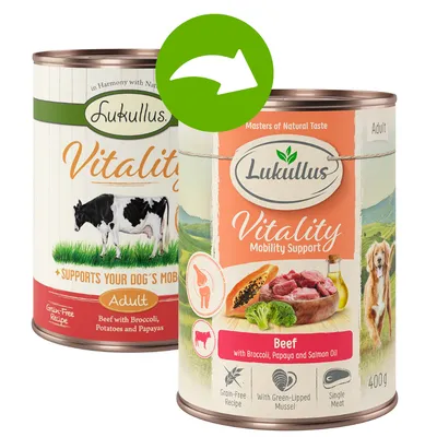 Conserve Lukullus Vitality Mobility Support Adult, vită cu broccoli, papaya și ulei de somon, 400g. Text vizibil: Grain-Free Recipe, With Green-Lipped Mussel, Single Meat.