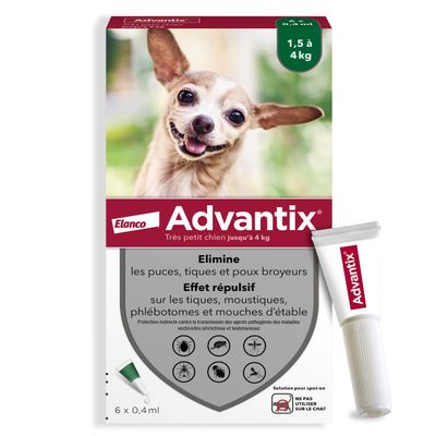 Comment fonctionne Advantix ? Effet répulsif 2 à 4 semaines, barrière protectrice invisible, repousse les parasites avant qu’ils n’approchent le chien. Advantix visible sur l’image.