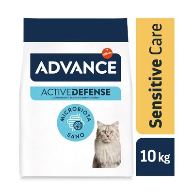 Advance Active Defense Sensitive Care per gatti, con ingredienti scientificamente testati, microbiota sano, confezione da 10 kg, immagine di un gatto sul fronte.