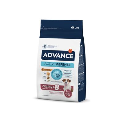 Sac Advance Active Defense 1,5 kg, Vitality +8 ans, Senior Mini, au poulet, prébiotiques, probiotiques, fibres, 7 points Quality of life, image d’un chien sur l’emballage.
