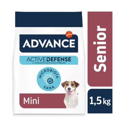 Advance Active Defense Mini Senior 1,5 kg, Microbiota Sana, con ingredientes científicamente probados. Marca Affinity visible en el envase.