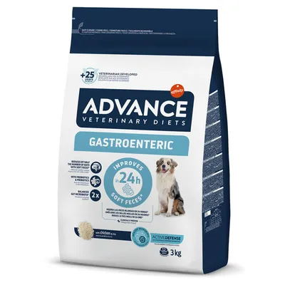 Sacchetto Advance Veterinary Diets Gastroenteric per cani, 3 kg, con pollo. Testo visibile: riduce giorni con feci molli, con probiotici e prebiotici, bilancia microbiota intestinale.
