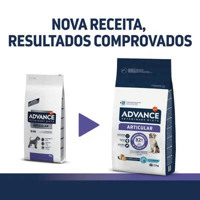 Nova receita, resultados comprovados. Mudança de embalagem Advance Veterinary Diets Articular 12 kg para nova versão com destaque: 'improved mobility 82% in 2 months'.
