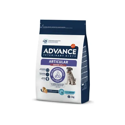 Advance Veterinary Diets Articular Senior +7 años, ayuda a mejorar la movilidad en 2 meses, con pollo, bolsa de 3 kg. Imagen de un perro y texto informativo en inglés visible.