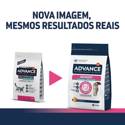Mudança de embalagem: ração Advance Veterinary Diets Urinary Sterilized Low Calorie para gatos, 2,5 kg. Texto visível: 'Nova imagem, mesmos resultados reais'.