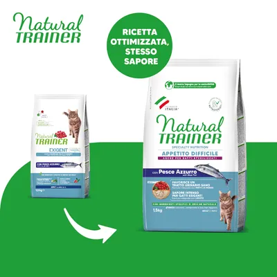 Confronto tra due confezioni di crocchette per gatti Natural Trainer con pesce azzurro, testo visibile: 'Ricetta ottimizzata, stesso sapore', 'Appetito difficile', 1,5 kg.