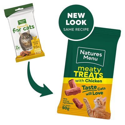 Packaging change for Natures Menu meaty treats with chicken, 95% animal ingredients, net weight 50g. New look, same recipe.