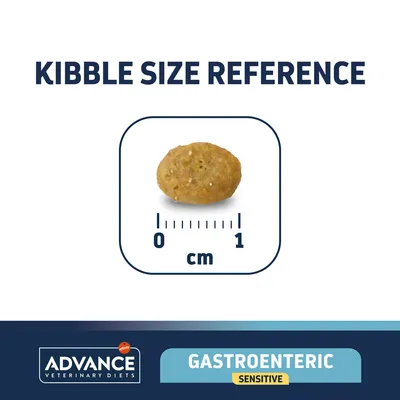 Advance Veterinary Diets Gastroenteric Sensitive táp szemcseméret-útmutató: 1 cm-es skála, egy darab tápszemmel. Kép szövege: Kibble Size Reference.