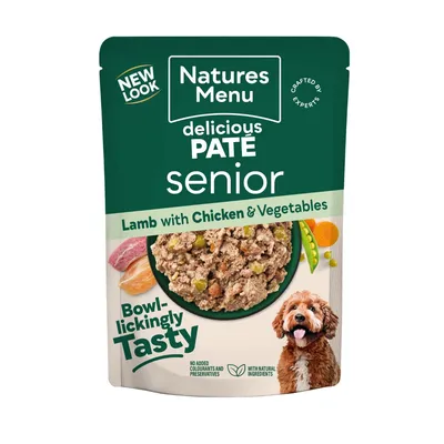 Natures Menu delicious paté senior, lamb with chicken and vegetables. Bowl-lickingly tasty. No added colourants or preservatives. With natural ingredients. New look.