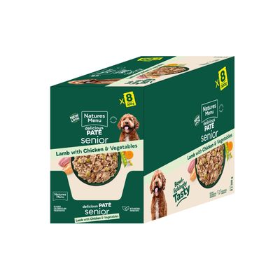 Natures Menu senior paté, lamb with chicken and vegetables, pack of 8 x 300g. Contains natural ingredients, no added colours or preservatives.