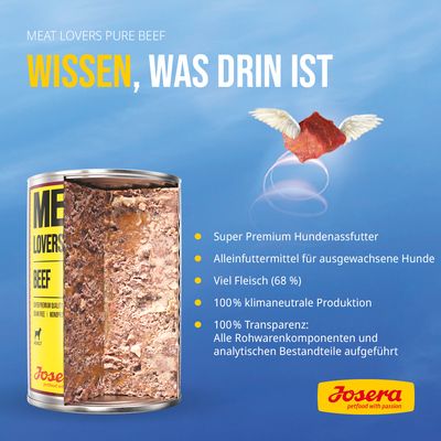Josera Meat Lovers Pure Beef. Super Premium Hundenassfutter, Alleinfuttermittel für ausgewachsene Hunde, viel Fleisch (68%), 100% klimaneutrale Produktion, 100% Transparenz bei Zutaten.