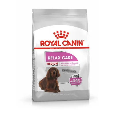 Royal Canin Relax Care Medium dog food bag, visible text: Adaptation to Changes, Proven Results +44% normal behaviour, image of a brown dog on front