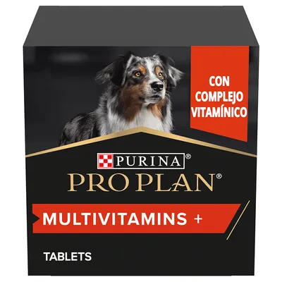 Caja de Purina Pro Plan Multivitamins+ Tablets con imagen de perro y texto visible: 'Con complejo vitamínico'.