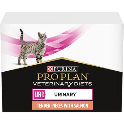 Purina Pro Plan Veterinary Diets UR St/Ox Urinary Tender Pieces with Salmon, slika pakiranja s mačkom i ružičastim uzorkom