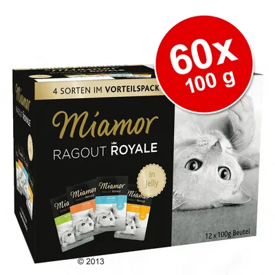 Miamor Ragout Royale kissan märkäruoka, 60 x 100 g annospussia, 4 makua. Pakkauksessa teksti: '4 Sorten im Vorteilspack', 'In Jelly', '12 x 100g Beutel'.