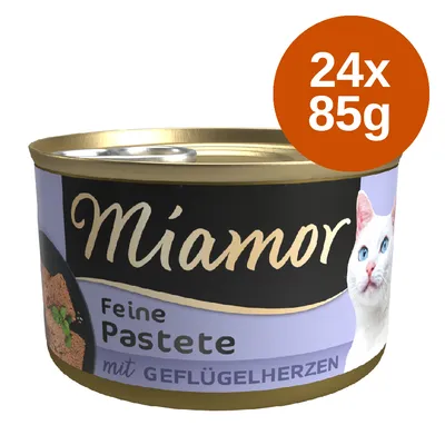 Miamor Feine Pastete mit Geflügelherzen, 24x85g Dose, lila Verpackung mit weisser Katze abgebildet.