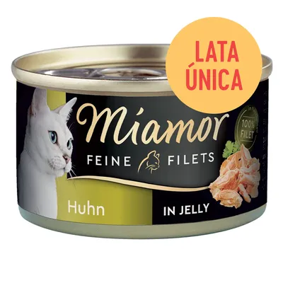 Lata de comida para gatos Miamor Feine Filets Huhn in Jelly, texto visible: 100 % Filet y LATA ÚNICA. Imagen de un gato blanco en la etiqueta. Lata de comida para gatos Miamor Feine Filets Huhn in Jelly, texto visible: 100 % Filet y LATA ÚNICA. Imagen de un gato blanco en la etiqueta.