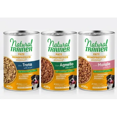 Natural Trainer Pate Monoproteico Medium & Maxi Adult - 24 x 400 g Mix: 8x Agnello, 8x Maiale, 8x Trota