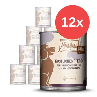 12x konzerv MjAMjAM Köstliches Pferd, PUR, bez obilovin. Text na obalu: Purer Fleischgenuss aus frischem Pferdefleisch. 12x konzerv MjAMjAM Köstliches Pferd, PUR, bez obilovin. Text na obalu: Purer Fleischgenuss aus frischem Pferdefleisch.
