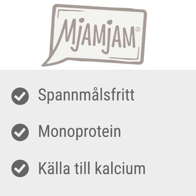 Mjamjam. Spannmålsfritt, monoprotein, källa till kalcium.