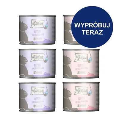 Sześć puszek MjAMjAM Kitten, widoczne napisy: 'Vorzuegliches Kalb', 'Saftiges Huhnchen'. Niebieskie koło z tekstem: WYPRÓBUJ TERAZ.