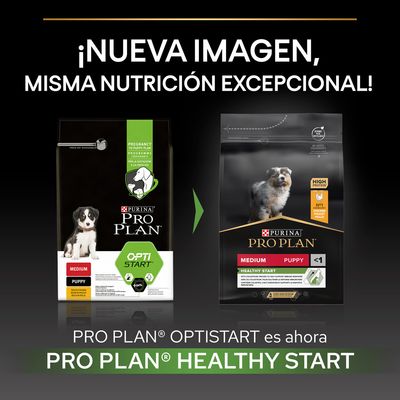 Comparativa de envases: PURINA PRO PLAN Optistart Puppy Medium cambia a PRO PLAN Healthy Start Puppy Medium. Texto: ¡Nueva imagen, misma nutrición excepcional!