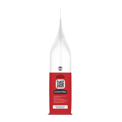 Product packaging side with QR code for helpful hints, guarantee information, and label stating 'Multiple Cat Unscented'.
