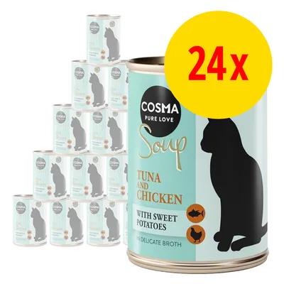 24x Cosma Pure Love Soup Tuna and Chicken with Sweet Potatoes, dåser med kattemotiv og engelsk tekst på etiketten.