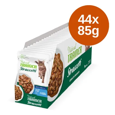 Natural Trainer Straccetti cat food, 44x85g pack. Complete and balanced with tuna and vegetables. For adult cats from 1 year.